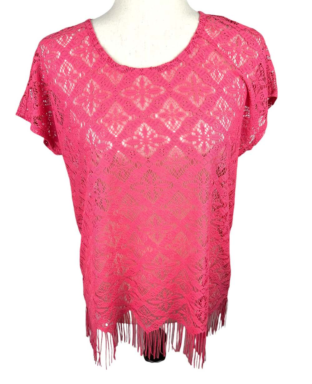 Chico's Short Sleeve Crochet Lace Cover Up Sheer Top with Fringe Hem Size 8